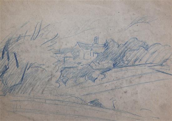 Jean Marchand (1883-1940) Landscape in blue crayon, study of a tree and other landscapes, largest 10.5 x 15in., unframed
